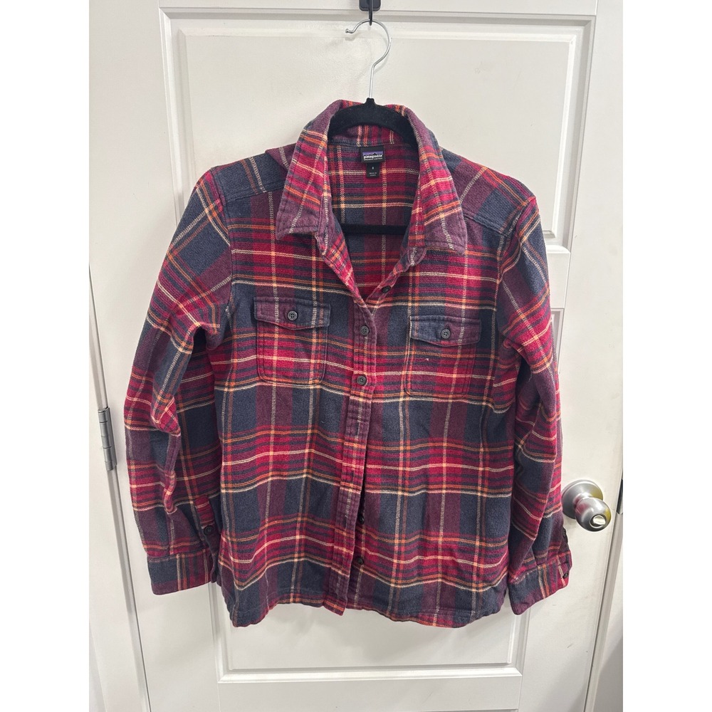 Patagonia Womens Fjord Flannel Shirt Red Purple Plaid Organic Cotton Size 8